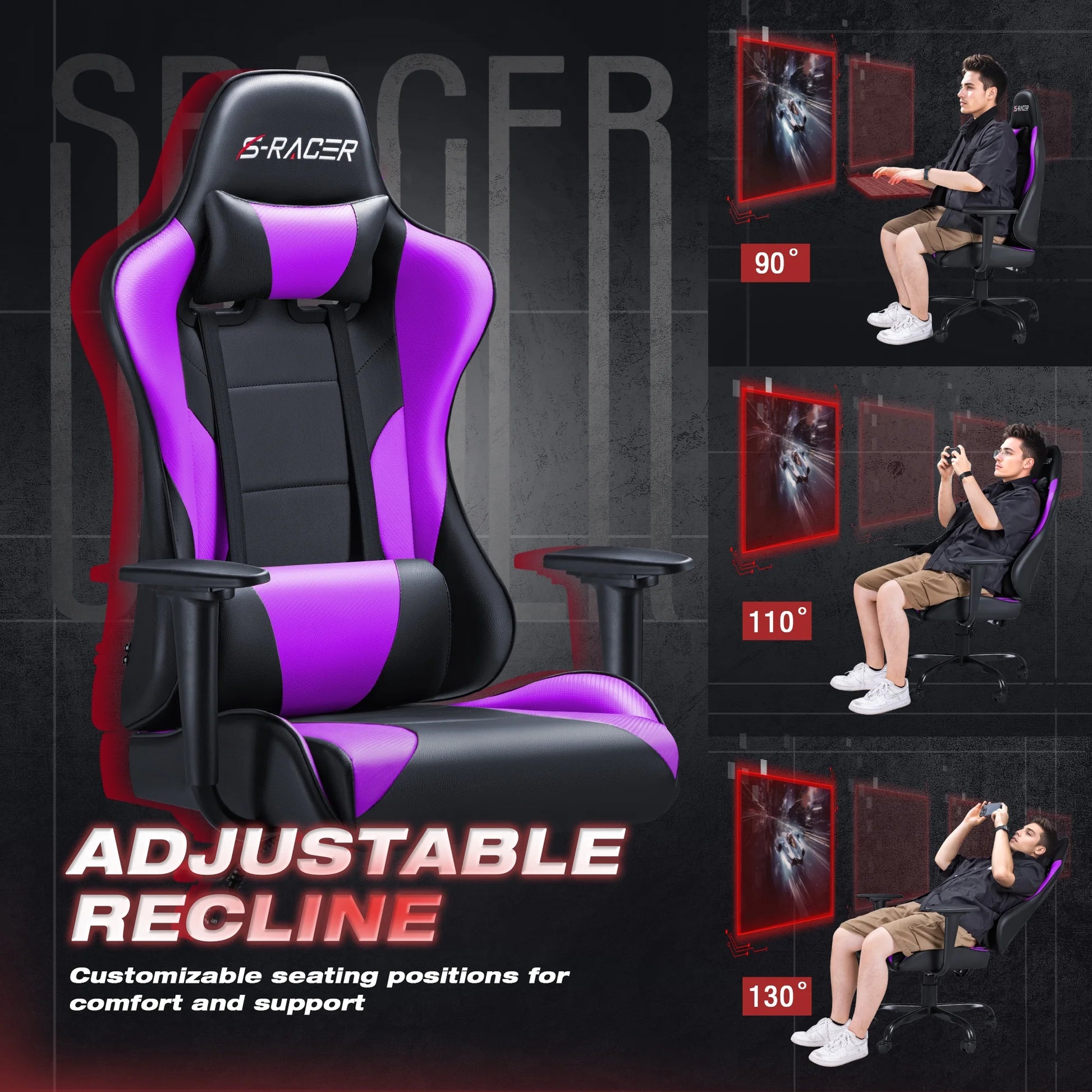 Gaming Chair Office Chair High Back Racing Computer Chair PU Leather Adjustable Seat Height Swivel Chair Ergonomic Executive Chair with Headrest, Purple