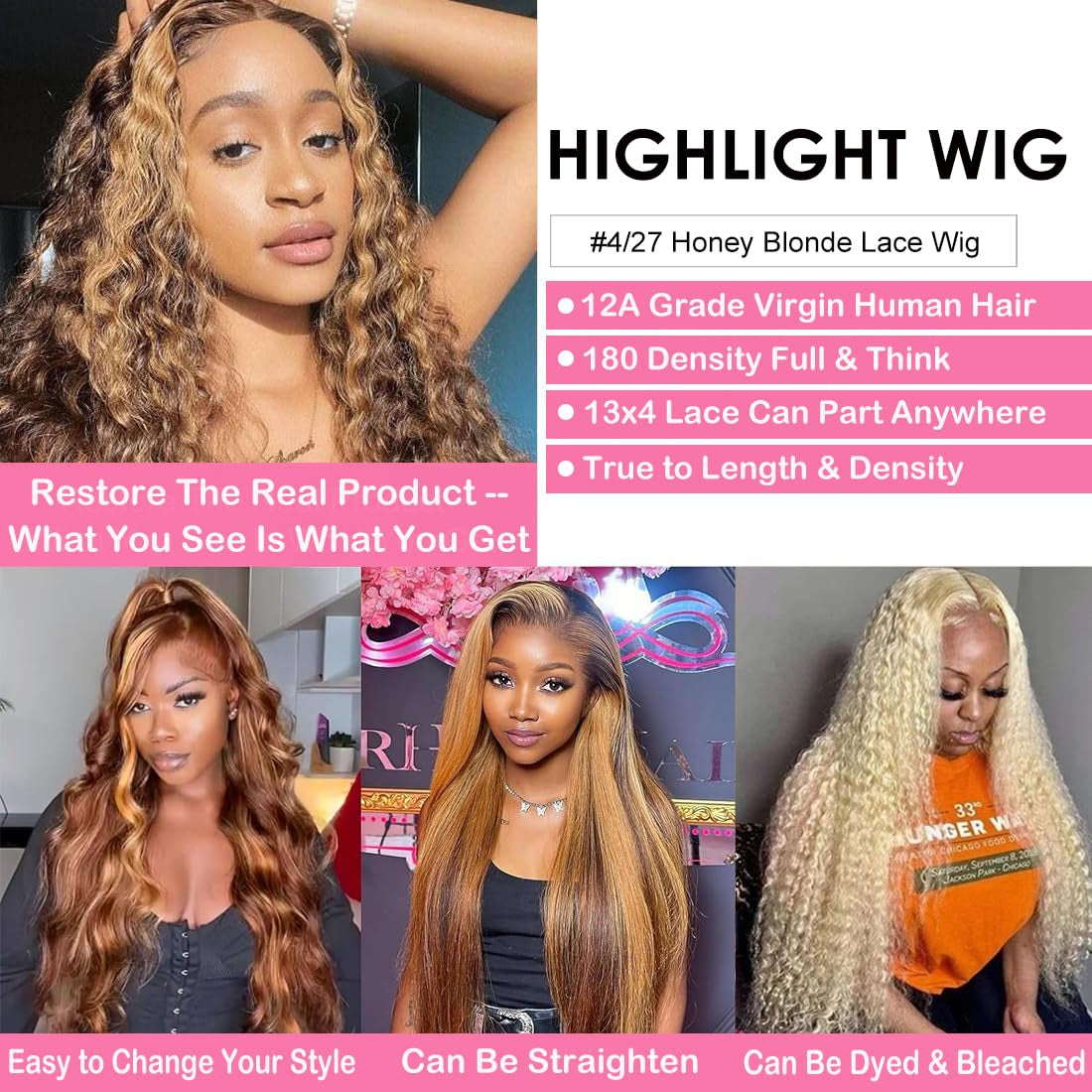 P4/27 Highlight Ombre 13X4 Lace Front Wig Human Hair 180 Density Deep Wave Honey Blonde Glueless HD Transparent Lace Frontal Wigs for Women Human Hair Pre Plucked with Baby Hair 20 Inch