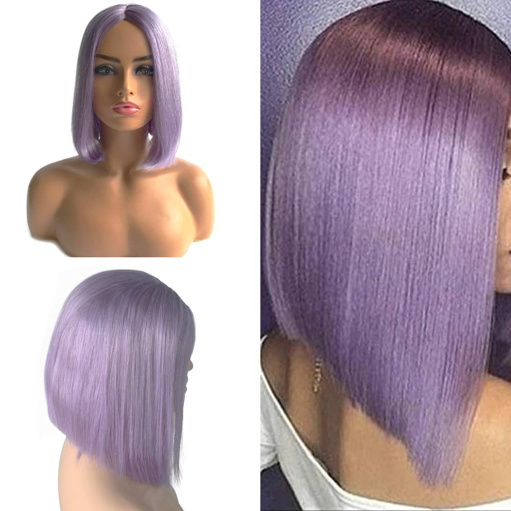 Colored Human Hair Wigs Lilac Blunt Cut Bob Wigs Natural Wigs for Black Women Non Lace Front Wigs Middle Part Wigs Brazilian Remy Hair Machine Made Wigs Long Bob Style Wigs(10 Inch,180% Density)