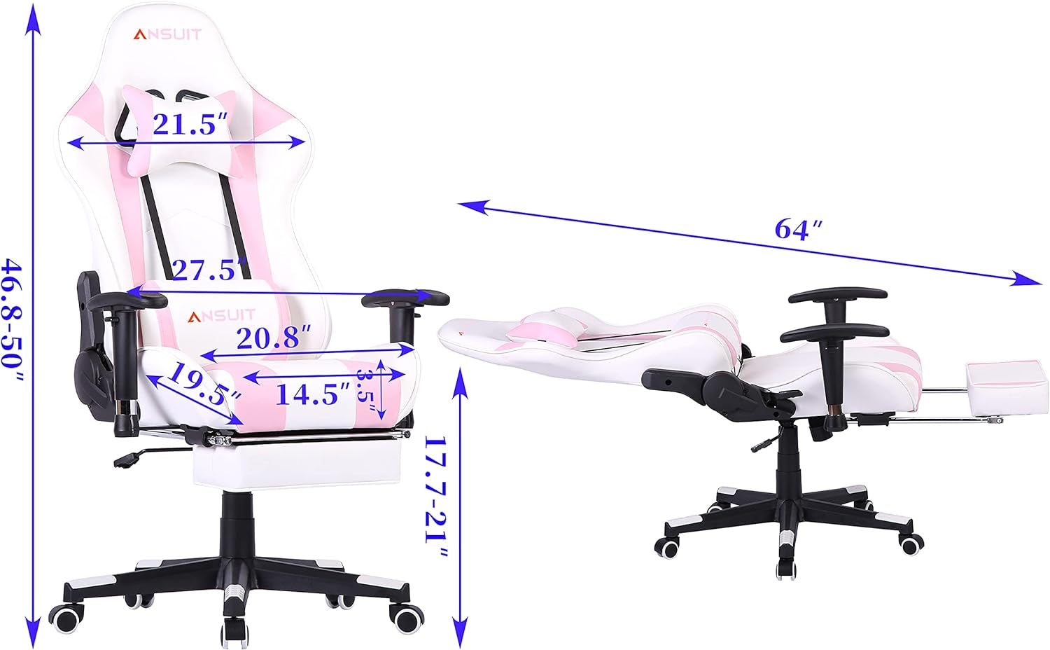 Girls Gaming Chair Pink Gaming Chair,Ergonomic Computer Chair Office Chair Gaming Chair for Adults(Footrest)(White & Pink)