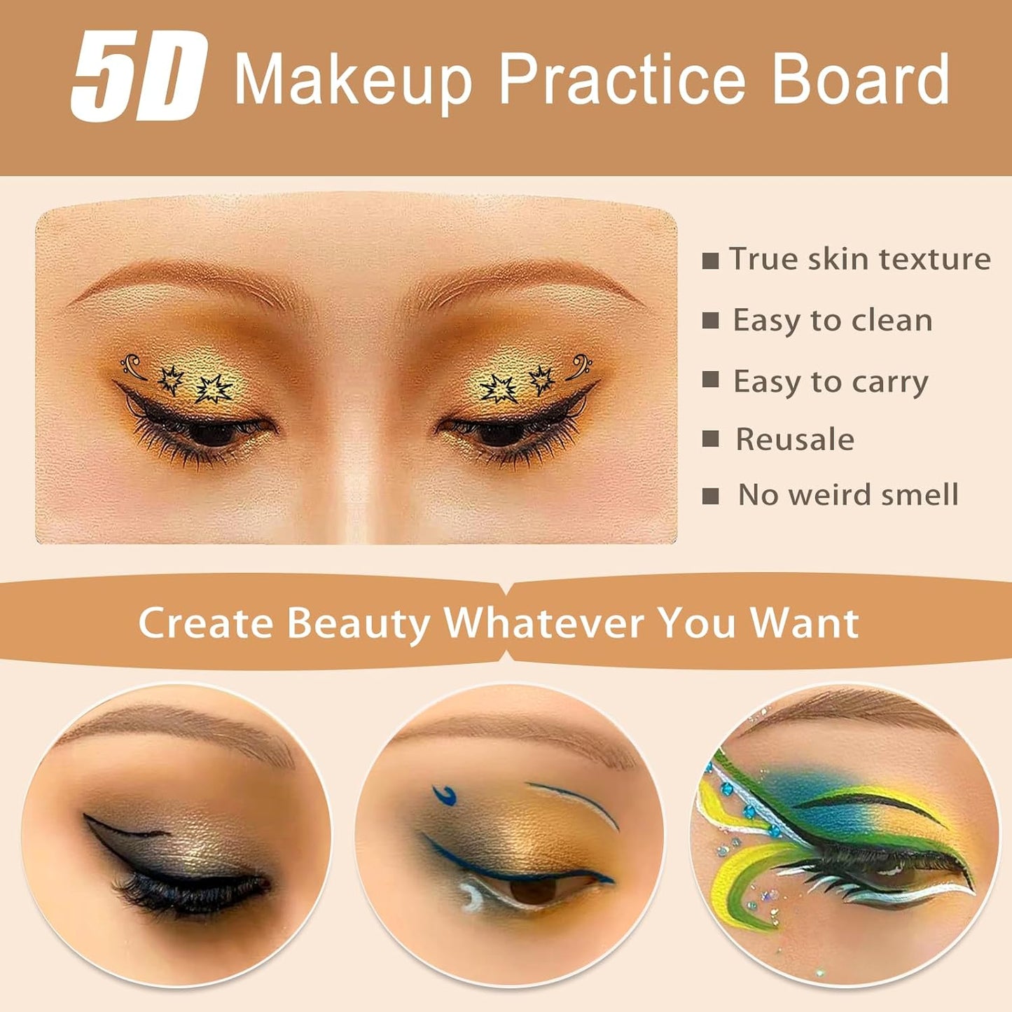 Makeup Practice Face, Silicone Makeup Practice Face Board with 165Pcs Pearl Stickers and Makeup Brushes, Suitable for Makeup Artists and Beginners to Practice Eye Face Makeup (Wheat)